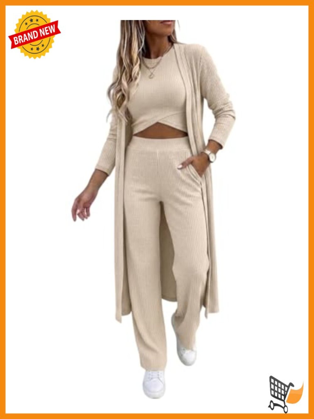 CHICME 3 Piece Ribbed Lounge Set Long Cardigan Criss-Cross Top Wide Leg Pants